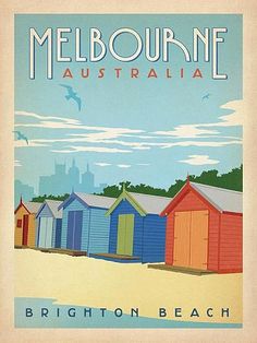Melbourne-i tengerparti kabinok egy régi utazási plakáton